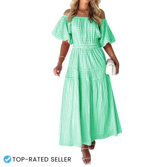 Dresses & Skirts - Off Shoulder Smocked Maxi Dress Flowy Boho Summer Casual Puff Sleeve
